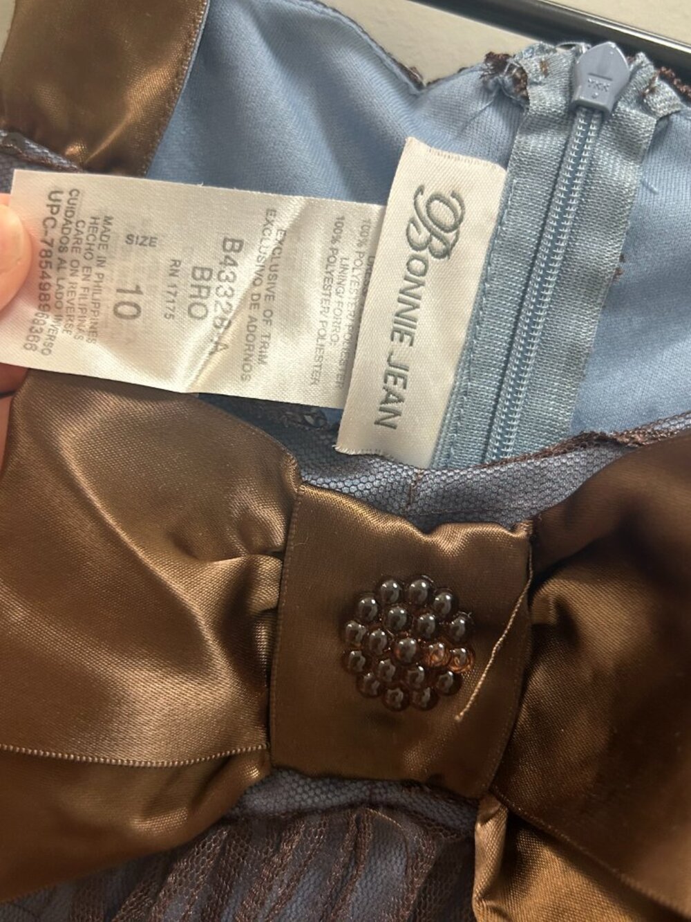 Bonnie Jean Girls Size 10 Blue Brown Mesh Dress Bow Empire Waist Formal Y2K - Picture 6 of 10